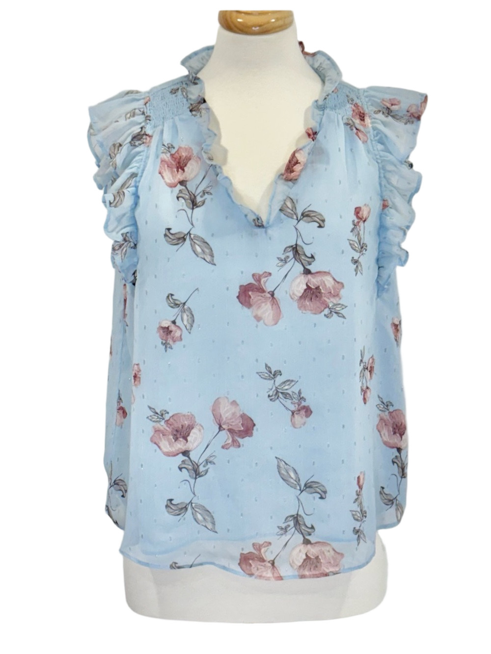 Belle Vere blue ruffle blouse
